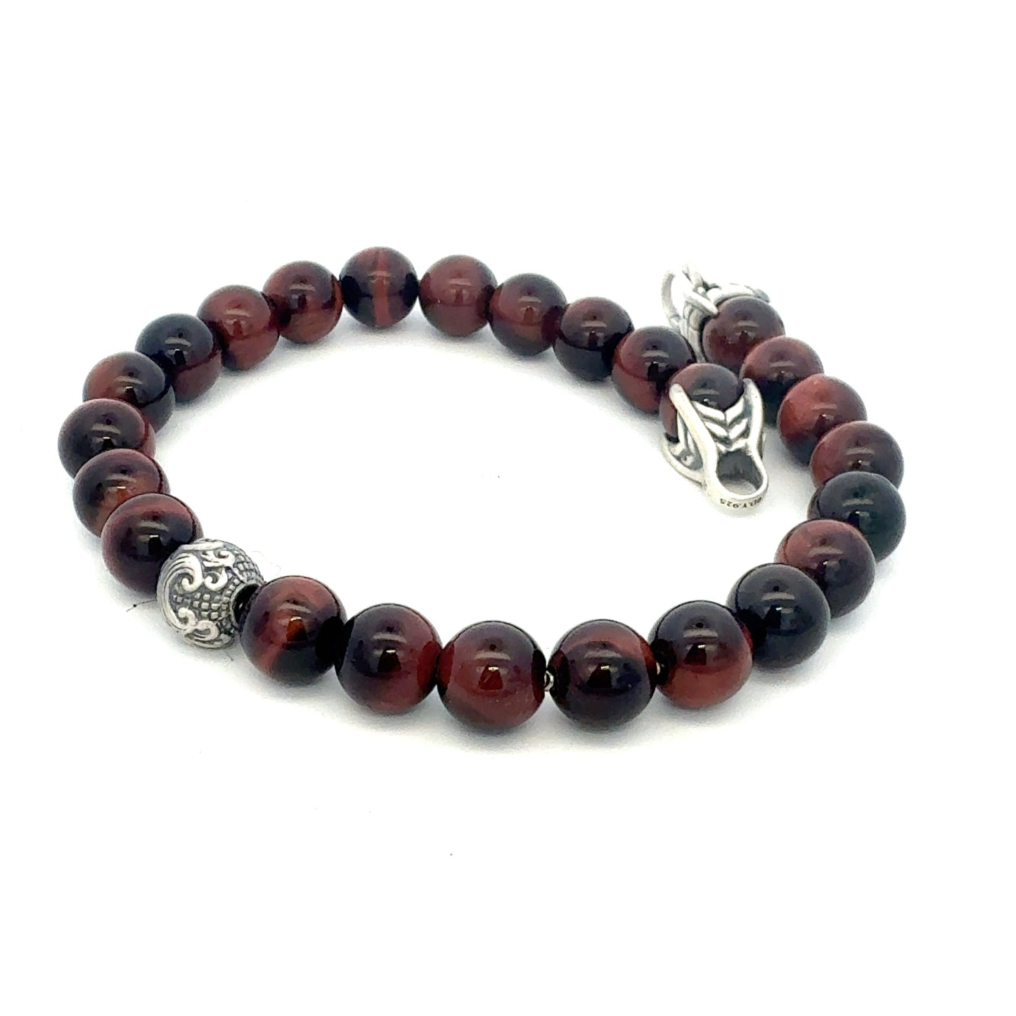 David Yurman Tiger Eye Engraved Spiritual Ball Bracelet 9" Sterling Silver Estate DY712