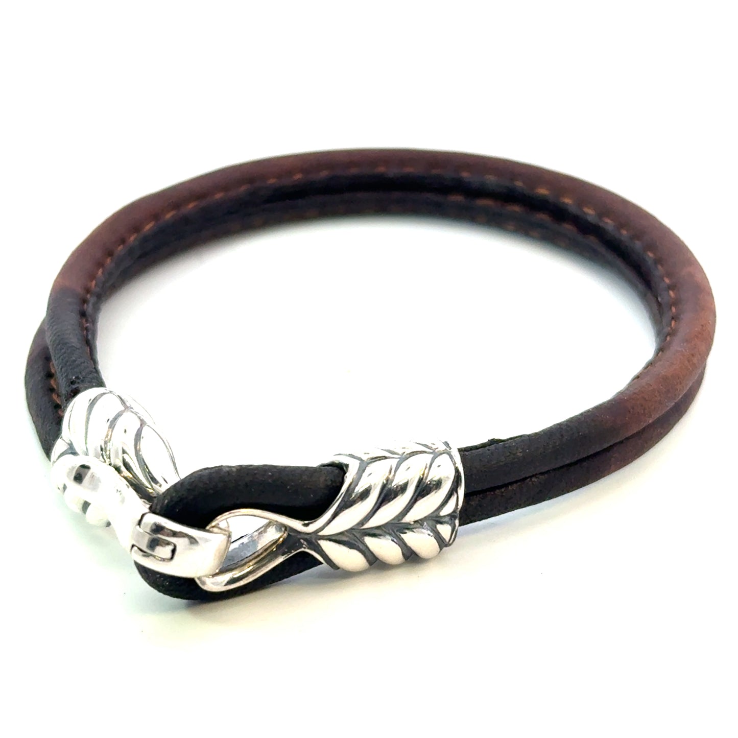 David Yurman Brown Leather Bracelet 9" Sterling Silver Estate DY684