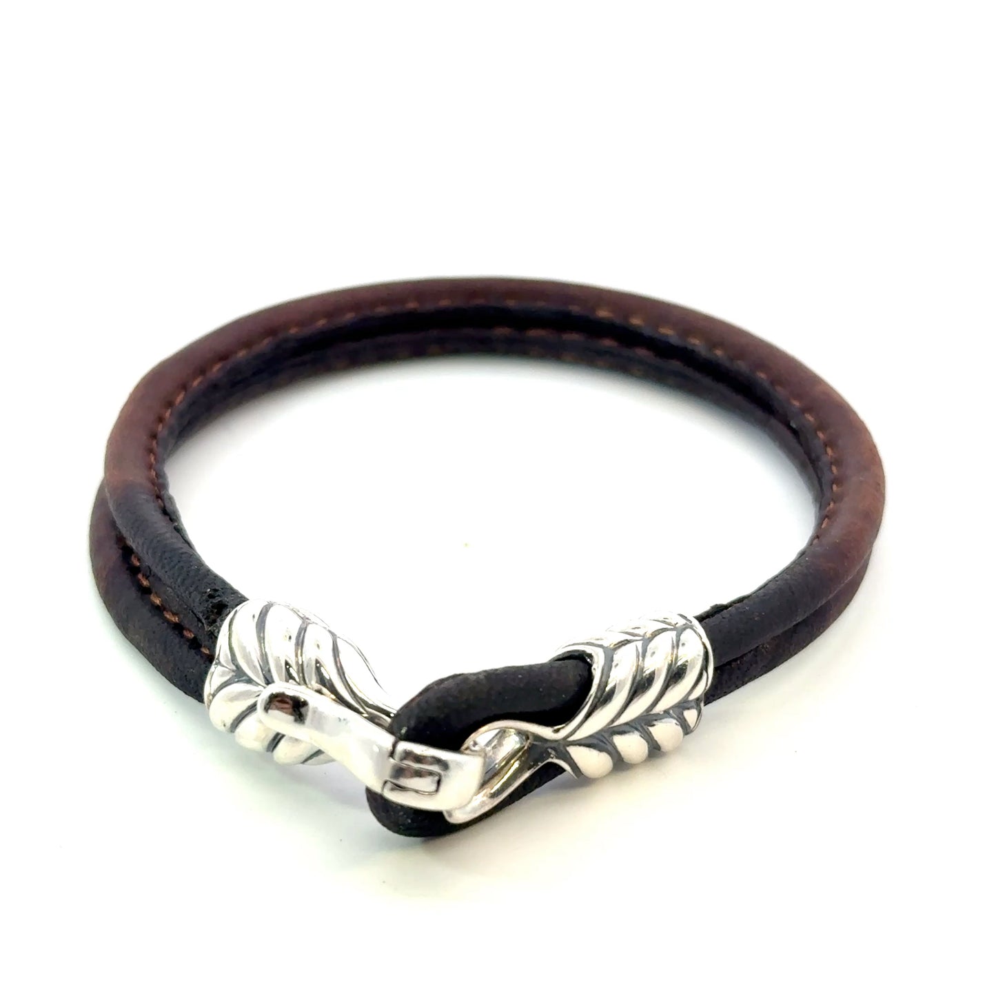 David Yurman Brown Leather Bracelet 9" Sterling Silver Estate DY684