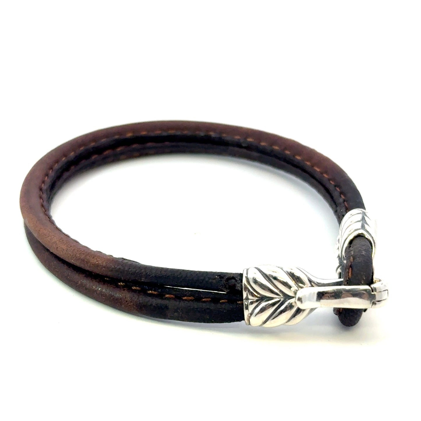 David Yurman Brown Leather Bracelet 9" Sterling Silver Estate DY684