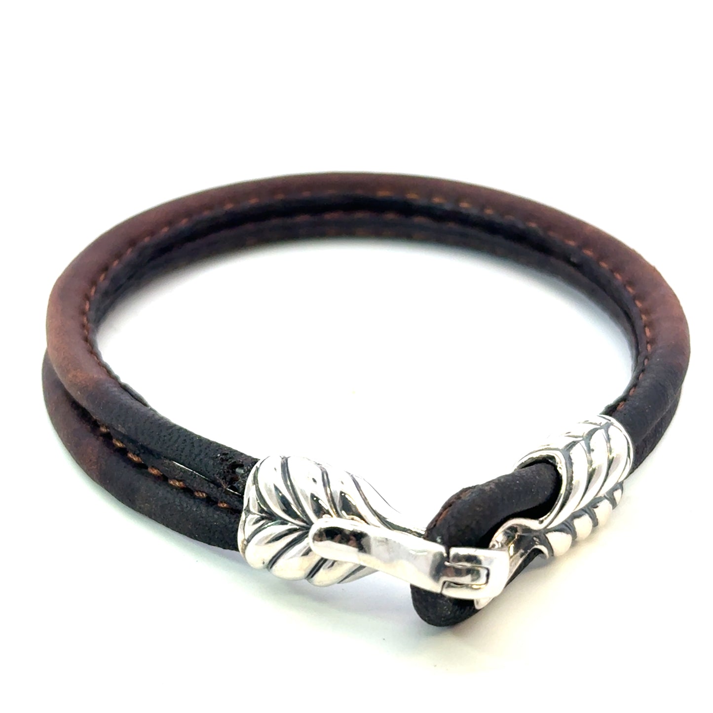 David Yurman Brown Leather Bracelet 9" Sterling Silver Estate DY684
