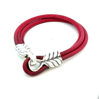 David Yurman Red Leather Bracelet 9" Sterling Silver Estate DY685