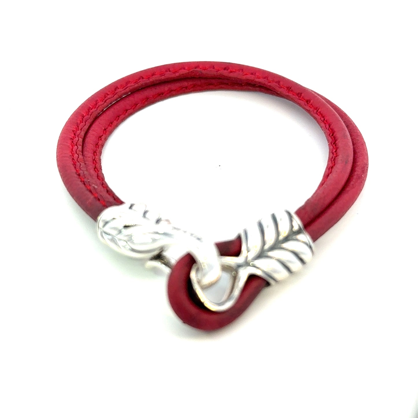 David Yurman Red Leather Bracelet 9" Sterling Silver Estate DY685