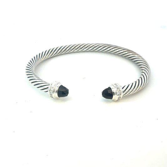 David Yurman Diamond Onyx Cable Cuff Bracelet 5 mm Size M Silver Estate DY692