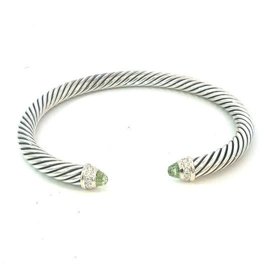 David Yurman Diamond Prasiolite Cuff Bracelet Size M 5 mm Sterling Silver Estate DY693