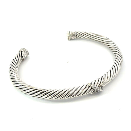 David Yurman Diamond X Cuff Bracelet Size M 5 mm Sterling Silver Estate DY736