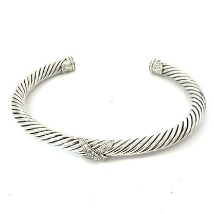 David Yurman Diamond X Cuff Bracelet Size M 5 mm Sterling Silver Estate DY736