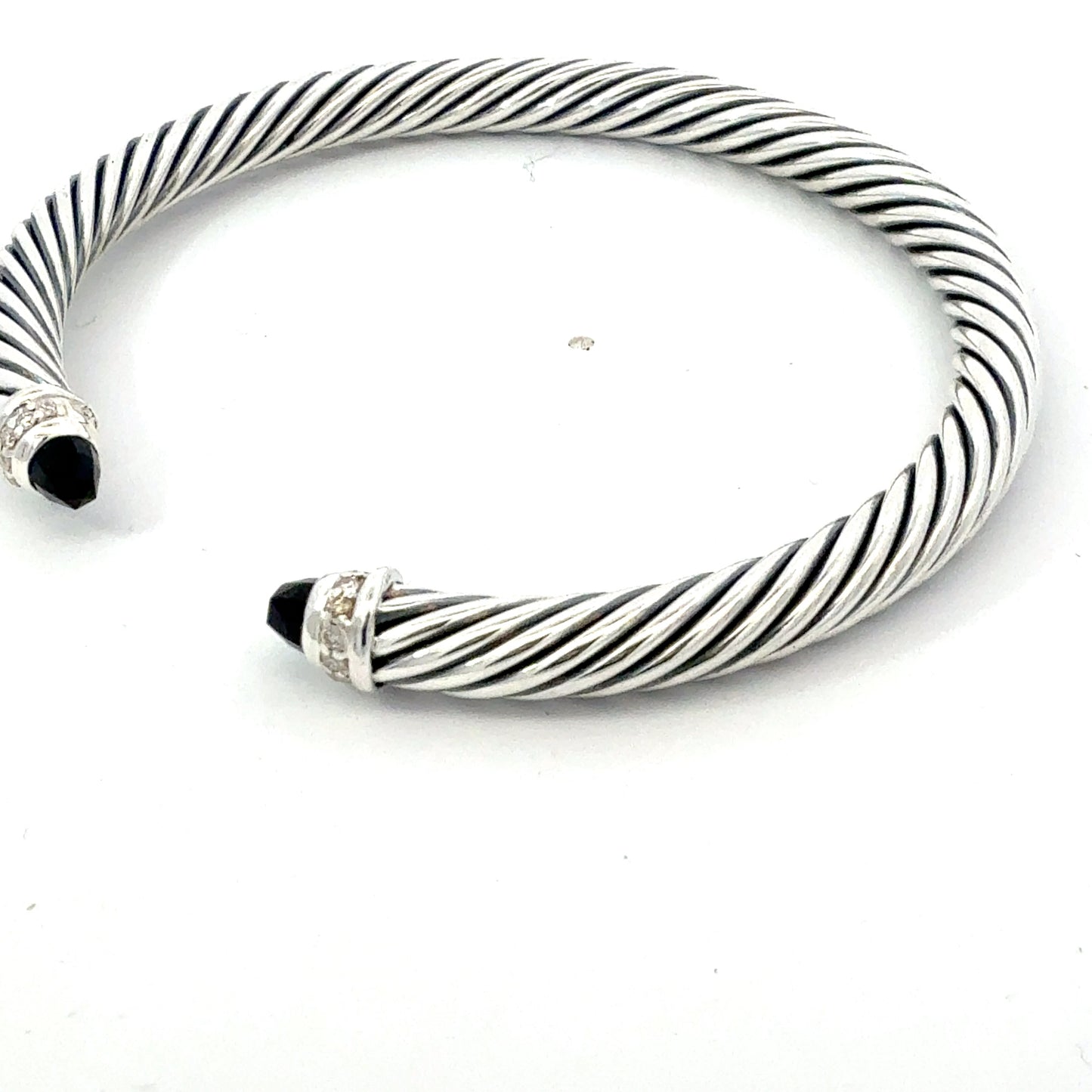 David Yurman Onyx and Diamond 5mm Cuff Bracelet Silver Estate DY742