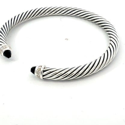 David Yurman Onyx and Diamond 5mm Cuff Bracelet Silver Estate DY742