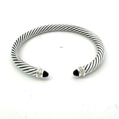 David Yurman Onyx and Diamond 5mm Cuff Bracelet Silver Estate DY742