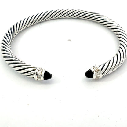 David Yurman Onyx and Diamond 5mm Cuff Bracelet Silver Estate DY742