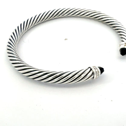 David Yurman Onyx and Diamond 5mm Cuff Bracelet Silver Estate DY742
