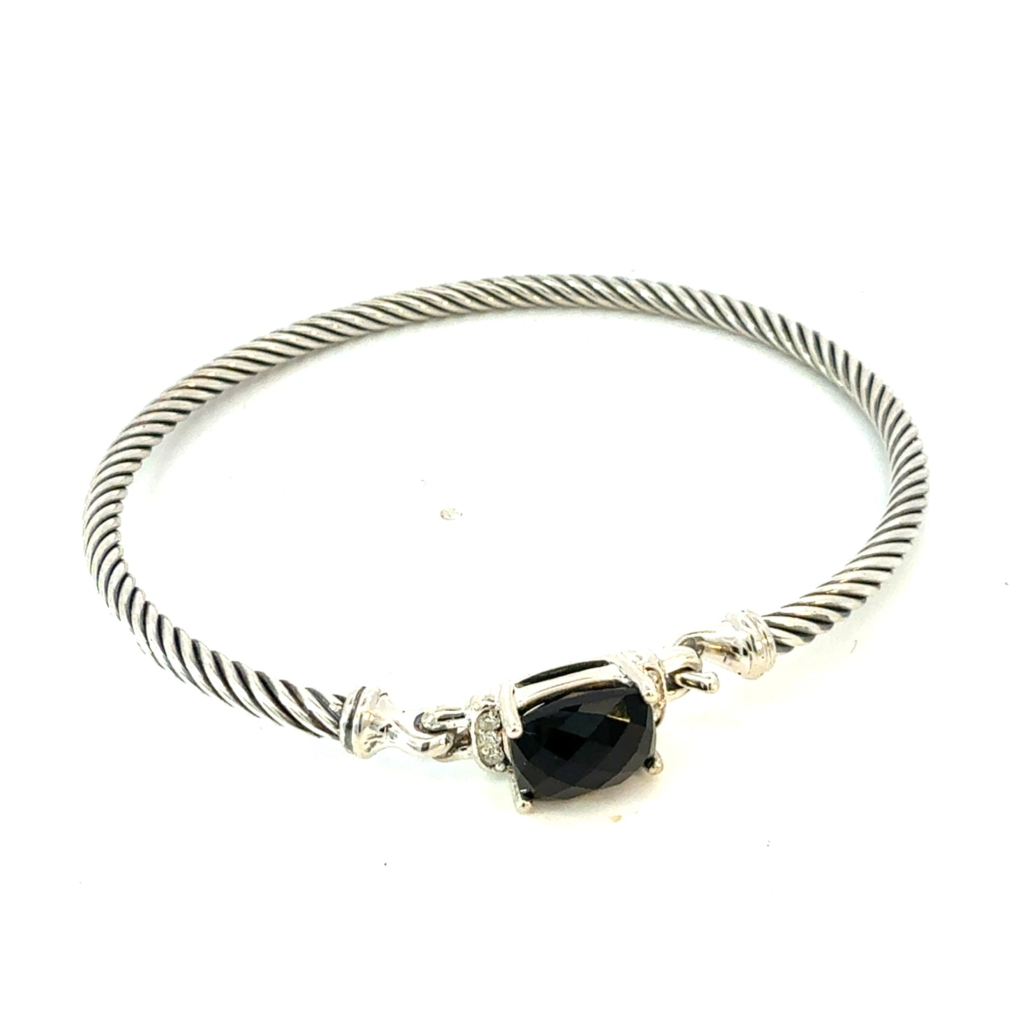 David Yurman Onyx and Diamond 3 mm Cuff Bracelet Silver Estate DY765