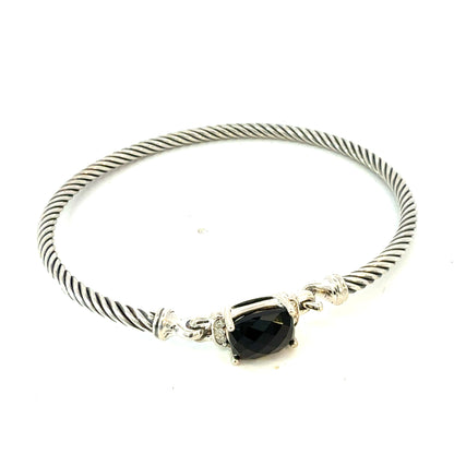 David Yurman Onyx and Diamond 3 mm Cuff Bracelet Silver Estate DY765