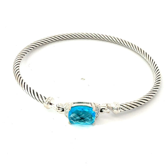 David Yurman Blue Topaz Diamond 3 mm Cuff Bracelet Size M Silver Estate DY766