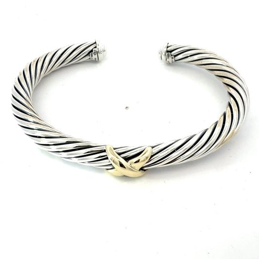 David Yurman Cuff Bracelet Size L Silver 14k Gold 7 mm Estate DY780