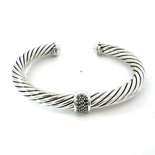 David Yurman Black Diamond Cuff Bracelet Size 7.5" Silver 7 mm Estate DY782