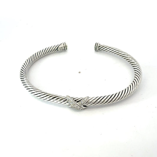 David Yurman Diamond X Cuff Bracelet Size M Silver 4 mm Estate DY783