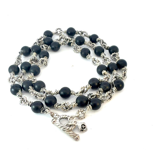 David Yurman Matte Onyx Beads Necklace 21" Silver 6 mm Estate DY787