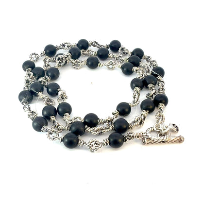 David Yurman Matte Onyx Beads Necklace 21" Silver 6 mm Estate DY787
