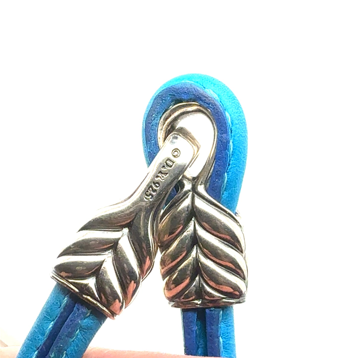 David Yurman Blue Leather Strap Bracelet 8.5" Sterling Silver Estate DY796