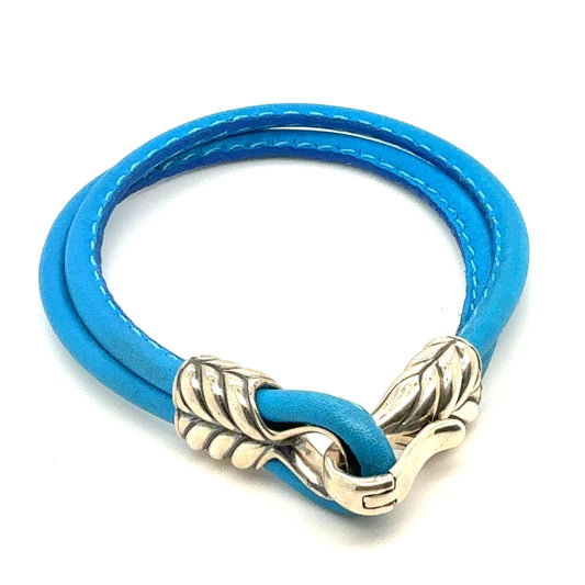 David Yurman Blue Leather Strap Bracelet 8.5" Sterling Silver Estate DY796
