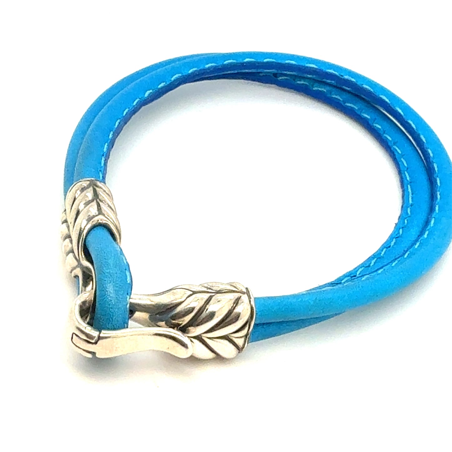 David Yurman Blue Leather Strap Bracelet 8.5" Sterling Silver Estate DY796