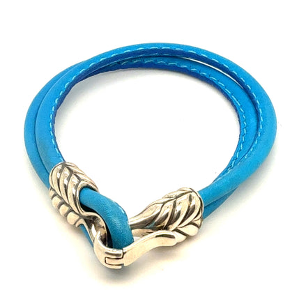 David Yurman Blue Leather Strap Bracelet 8.5" Sterling Silver Estate DY796