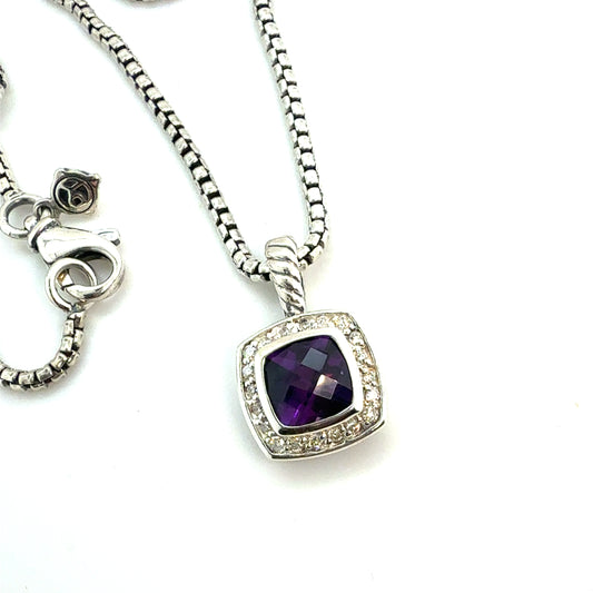 David Yurman Diamond Amethyst Petite Albion Necklace 18" Silver Estate DY583