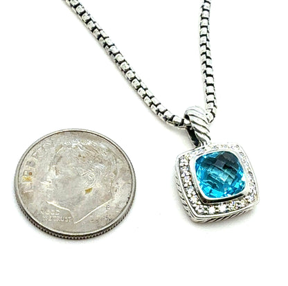 David Yurman Blue Topaz Diamond Necklace 18" Sterling Silver Estate DY806