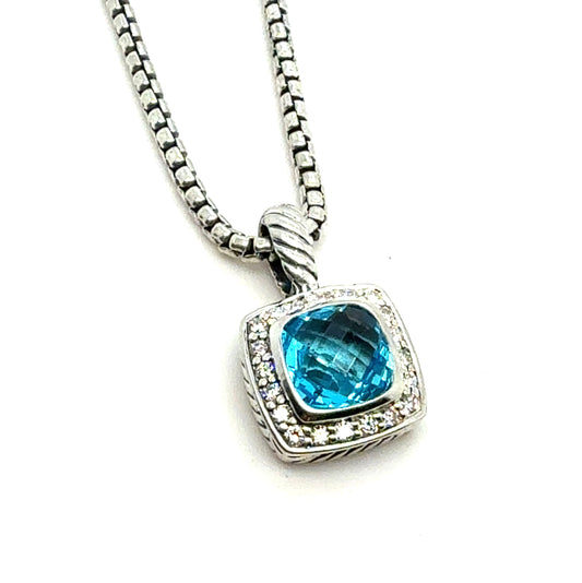 David Yurman Blue Topaz Diamond Necklace 18" Sterling Silver Estate DY806