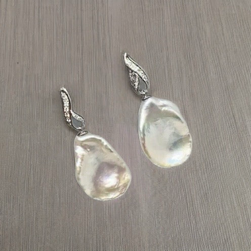 Diamond Large Fresh Water Pearl Earrings Baroque 14k Gold Certified $1,950 914369