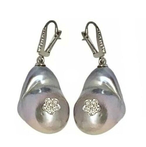 Diamond Large Freshwater Pearl Earrings 14k Gold 23.2 mm Certified $1,950 914371 - Certified Fine Jewelry