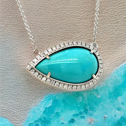 Persian Turquoise Diamond Halo Pendant With Chain 18.5" 14k WG 11.36 TCW Certified $5,950 300680