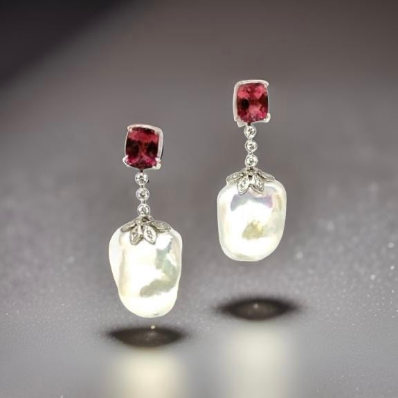 Diamond Rubellite Tourmaline Pearl Earrings 14k Gold 6.25 TCW Certified $4,950 920746