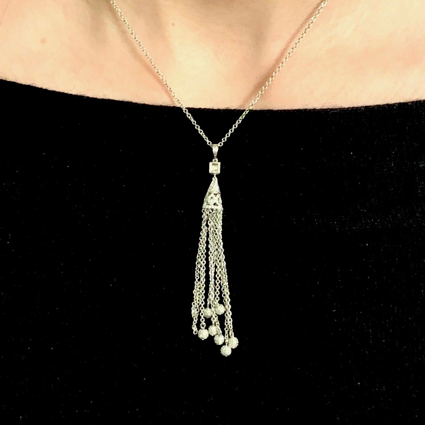 Diamond Necklace 18k Gold Tassel Pendant 19" Women Certified $3,000 820700