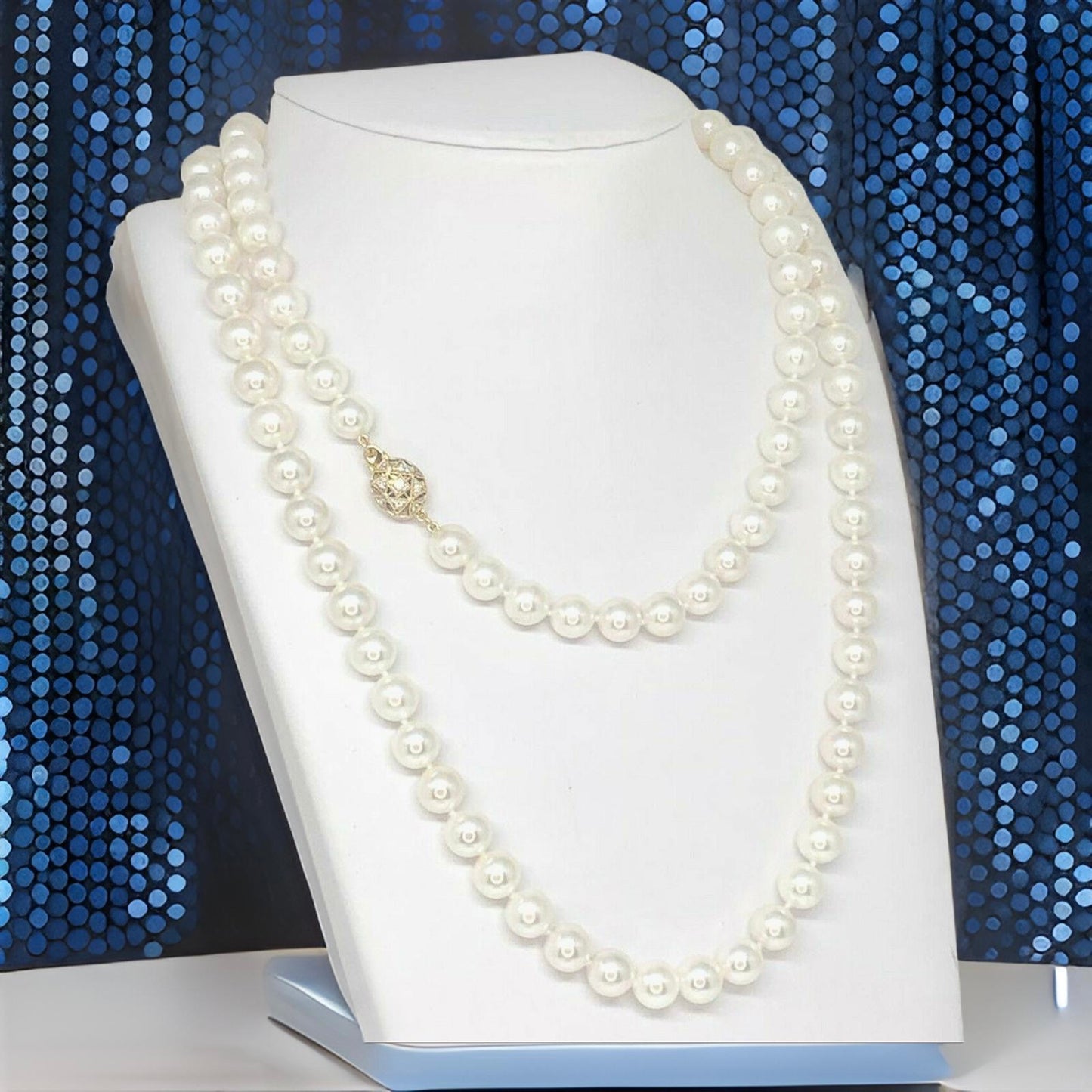 Diamond Akoya Pearl Necklace 14k Gold 8.5 mm 36 in Certified $9,750 010932