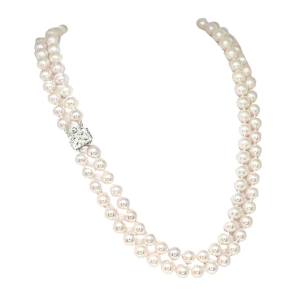 Diamond Akoya Pearl Necklace 8 mm 14k Gold 18 3/4" 2-Strand Certified $9,750 010928