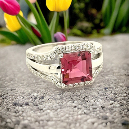 Natural Tourmaline Diamond Ring Size 6.5 14k W Gold 3.24 TCW Certified $3,950 217856