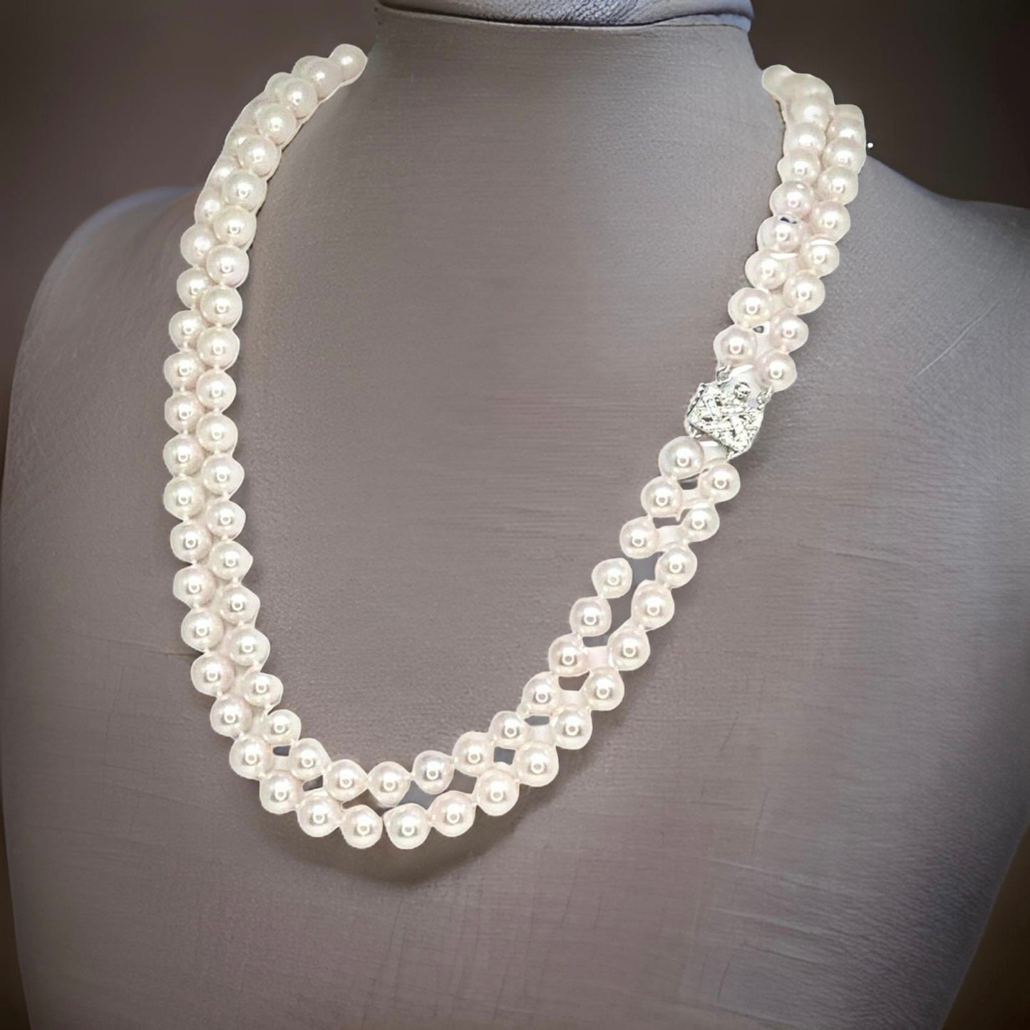 Diamond Akoya Pearl Necklace 8 mm 14k Gold 18 3/4" 2-Strand Certified $9,750 010928