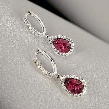 Diamond Rubellite Tourmaline Drop Earrings 18k W Gold 2.93 TCW Certified $5,950 210764