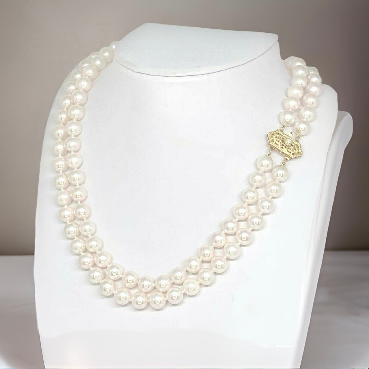 Diamond Akoya Pearl Necklace 8 mm 14k Gold 17 in 2-Strand Certified $9,750 010933