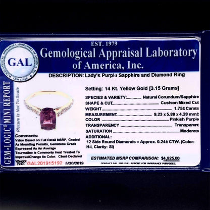 Diamond Purple Sapphire Ring 2 CT 14k Gold Certified $4,925 Women 915192 - Certified Fine Jewelry