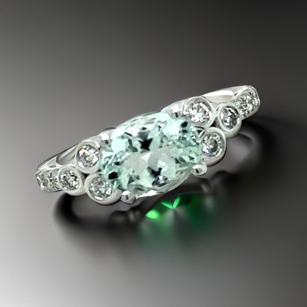 Natural Aquamarine Diamond Ring Size 6.5 14k W Gold 1.46 TCW Certified $2,950 217850