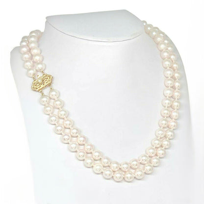 Diamond Akoya Pearl Necklace 8 mm 14k Gold 17 in 2-Strand Certified $9,750 010933