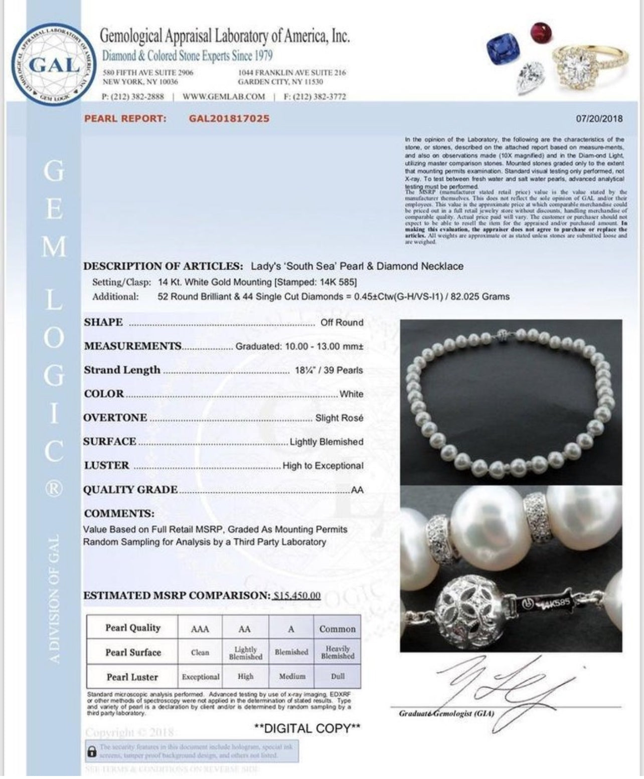 Diamond South Sea Pearl Necklace 14k Gold 13 mm 18.2" Certified $15,450 817025