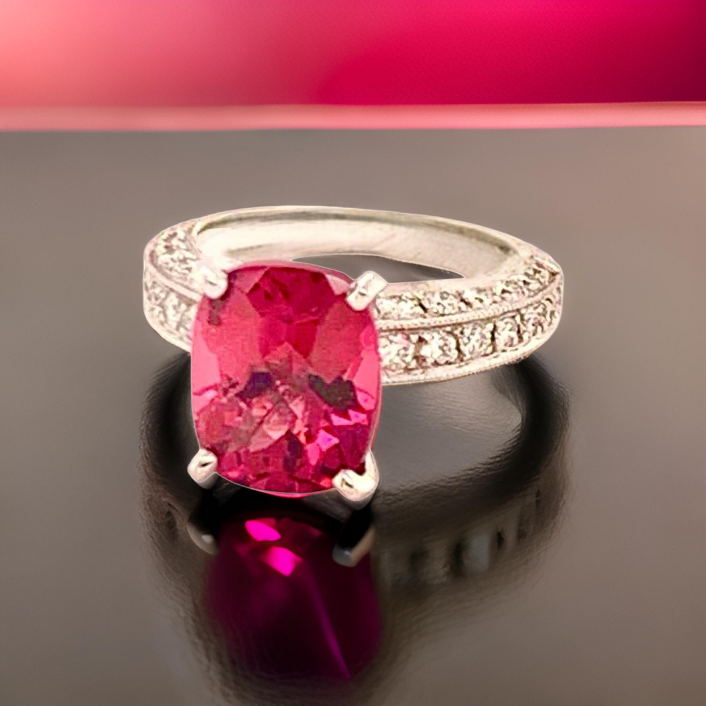 Diamond Tourmaline Rubellite Ring 3 Platinum 3.72 TCW Certified 910749