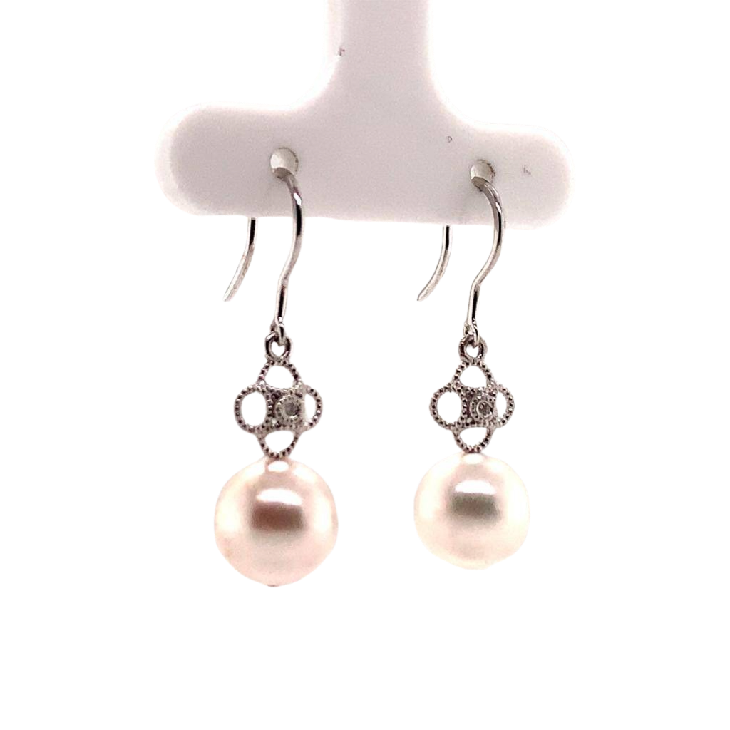 Diamond Akoya Pearl Earrings 14 KT White Gold 9.22 mm Certified $990 017530 - Certified Fine Jewelry