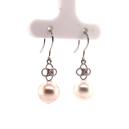 Diamond Akoya Pearl Earrings 14 KT White Gold 9.22 mm Certified $990 017530 - Certified Fine Jewelry