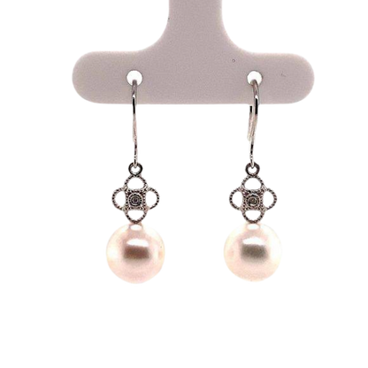 Diamond Akoya Pearl Earrings 14 KT White Gold 9.22 mm Certified $990 017530